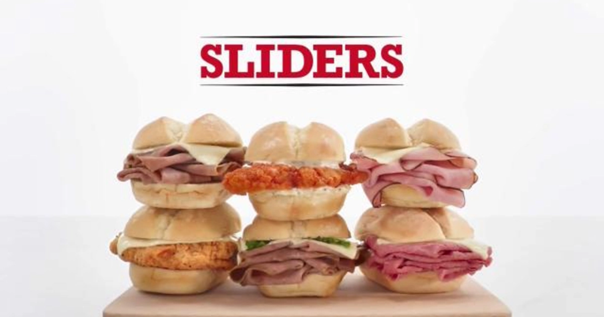Arby’s Sliders promotional lineup of six sliders on a wooden board