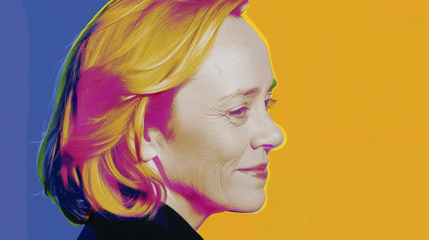 Meg Whitman profile portrait, blonde bob, yellow and blue background