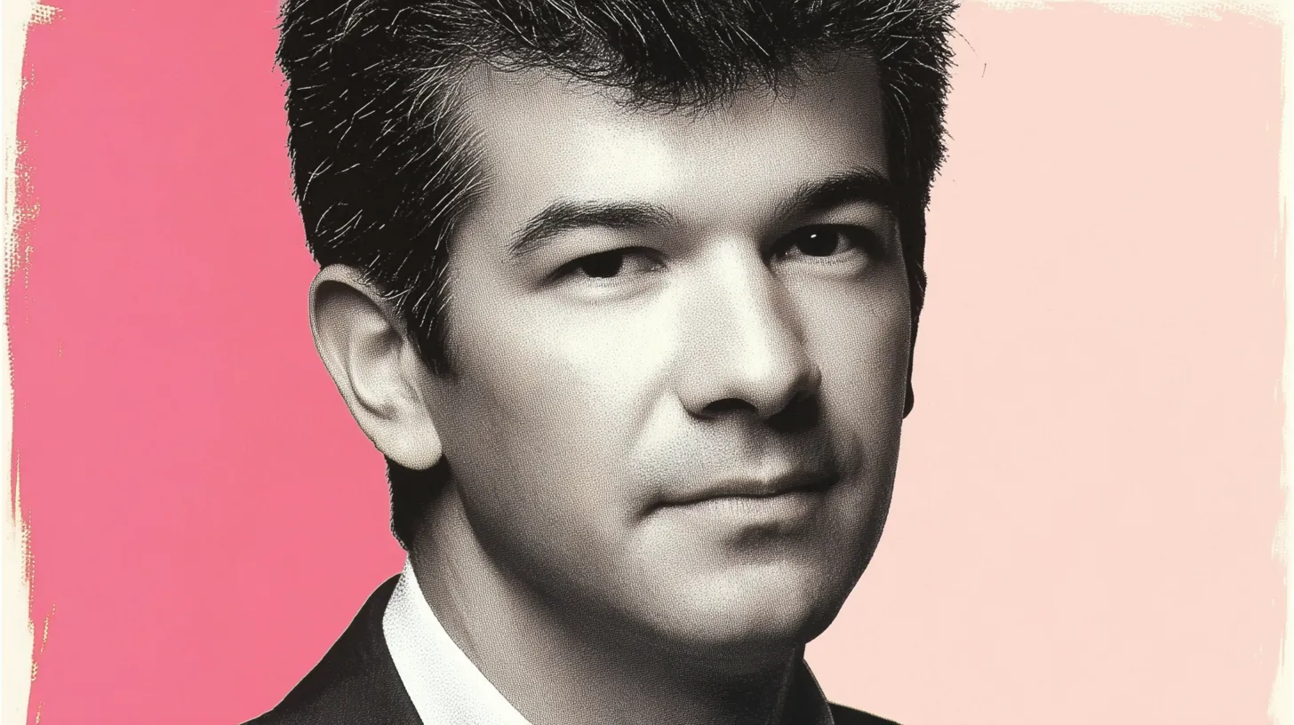 Travis Kalanick portrait in a dark suit on pink background