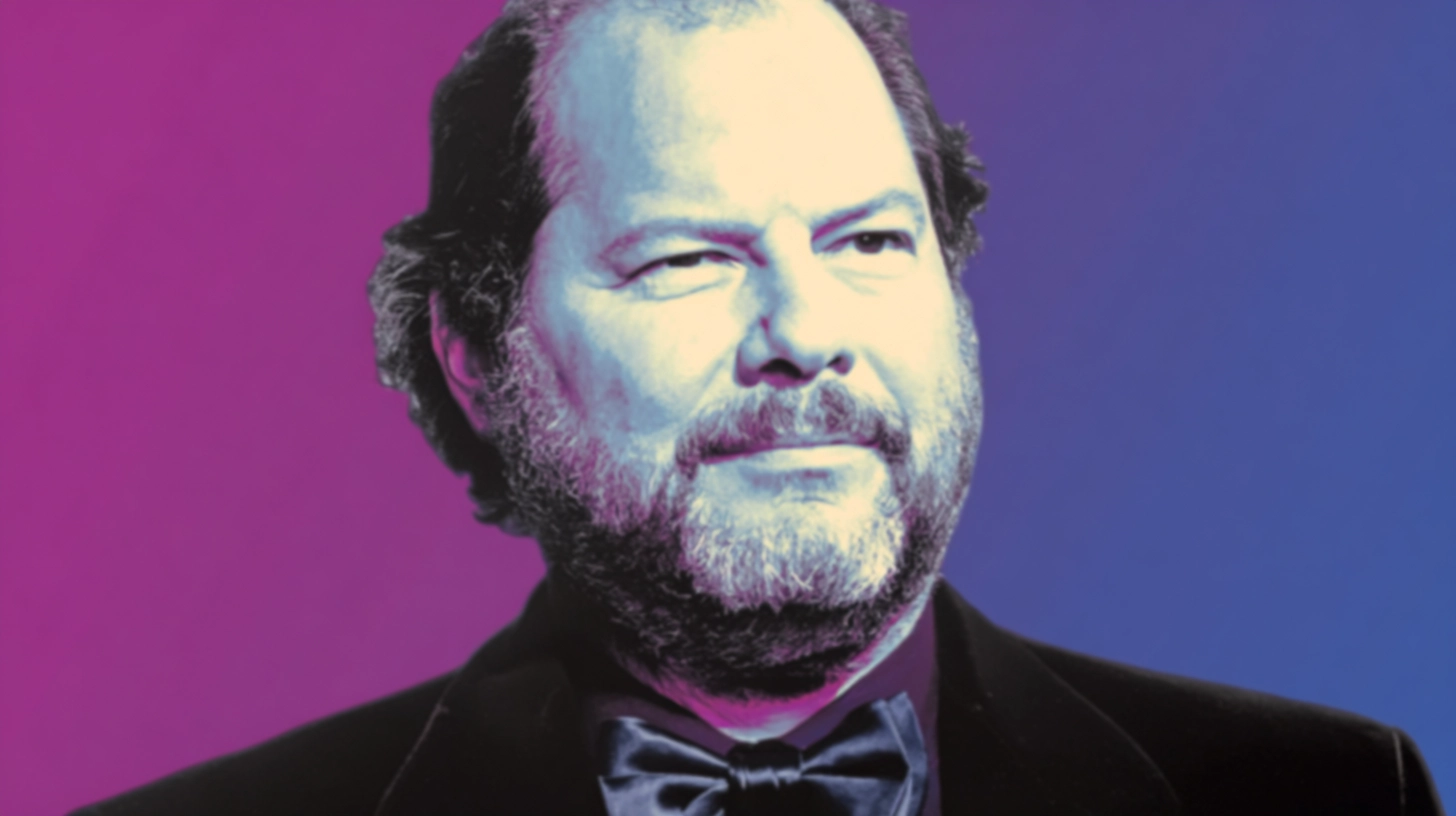 Marc Benioff portrait, bearded man in a tuxedo and bow tie