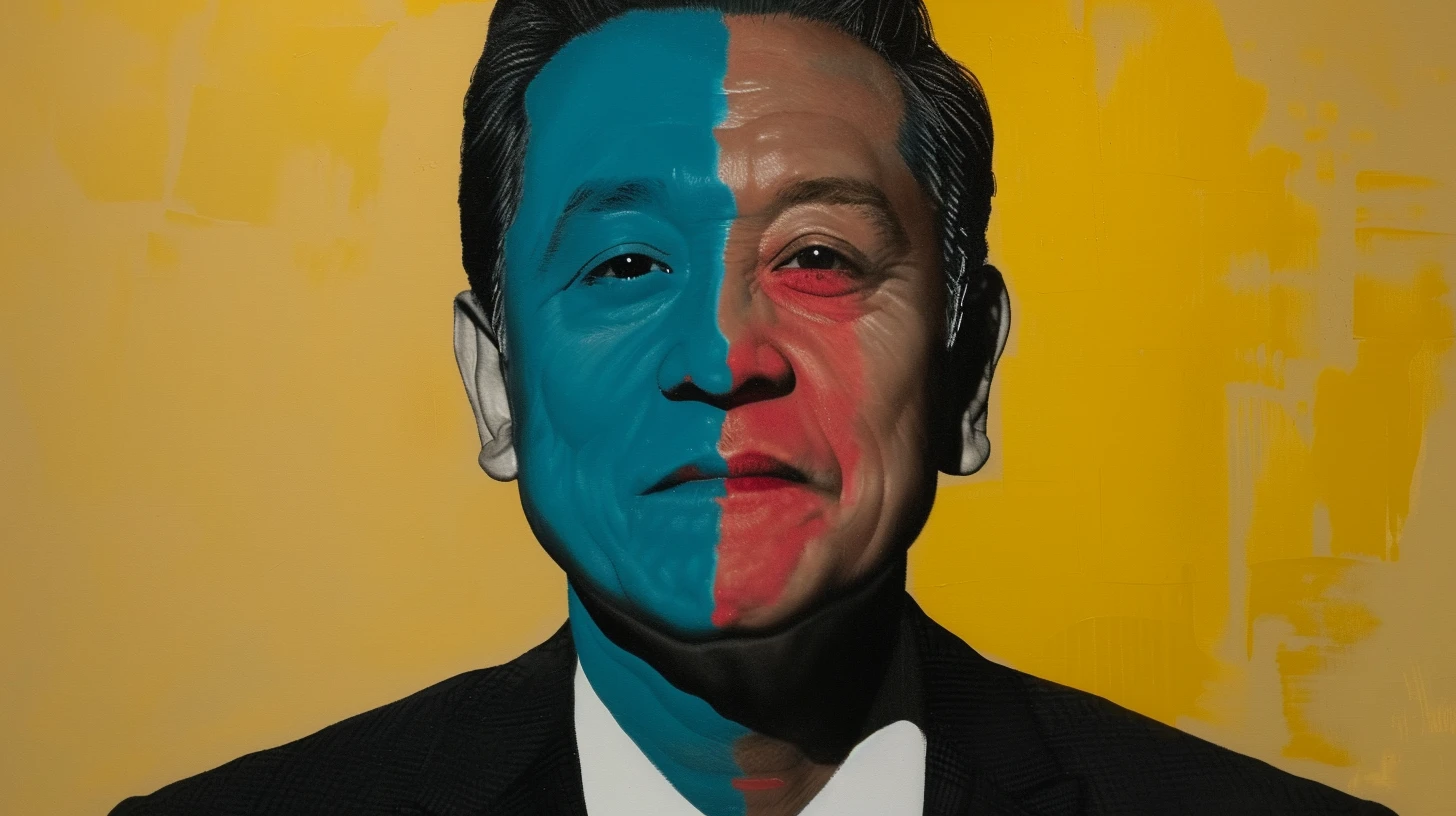 Hock Tan portrait in a dark suit, face split teal and red