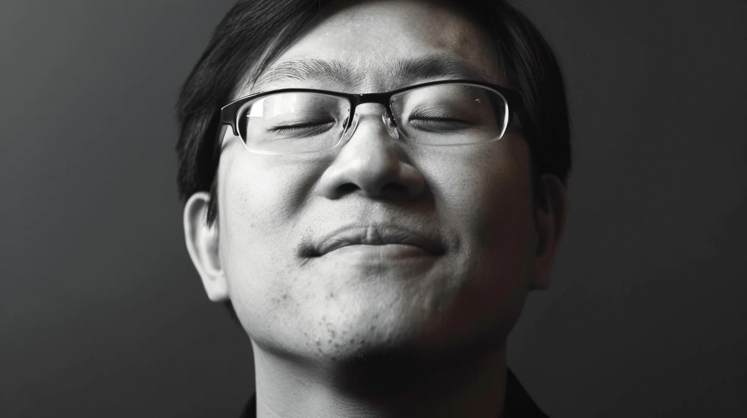 Black and white portrait of a man in glasses, eyes closed