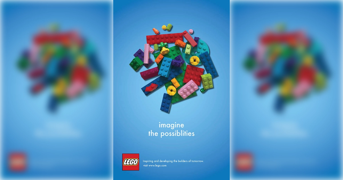LEGO ad, colorful bricks forming a brain, "imagine the possiblities"