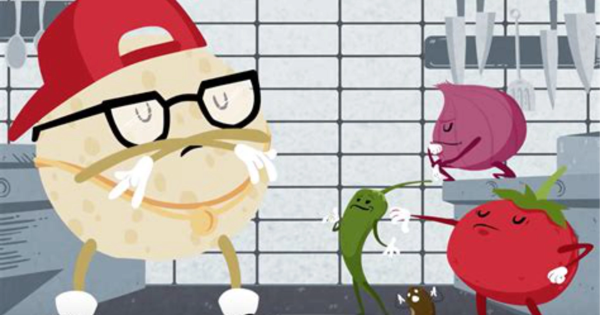 The Rapping Tortilla in Chipotle's single 2017 music-video campaign — Chipotle The Chipotle rapping tortilla mascot in a red cap and glasses alongside animated pepper and tomato characters
