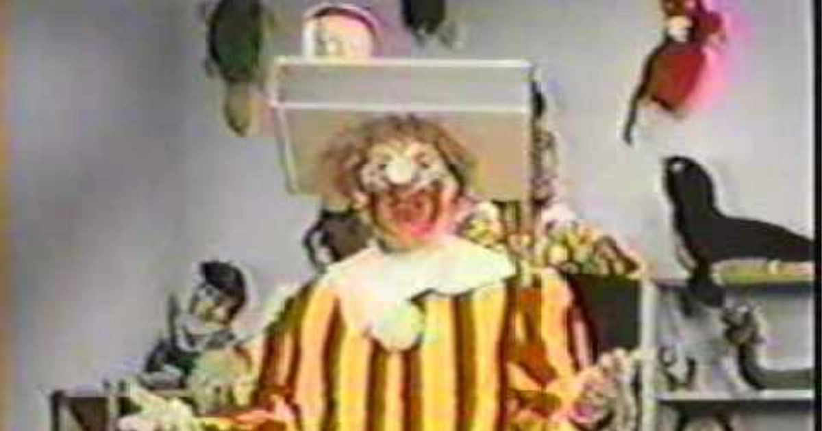 McDonald's still from 1960s Ronald McDonald TV commercial with striped clown costume