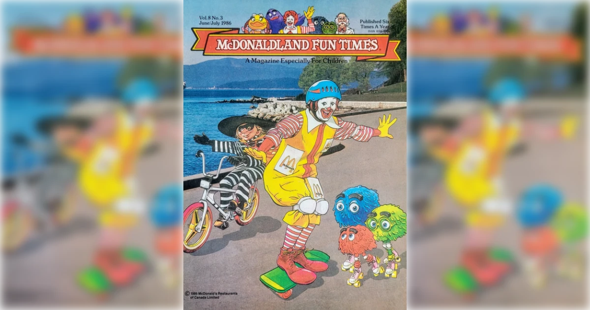 McDonald's 1986 McDonaldland Fun Times magazine cover with Ronald McDonald skateboarding