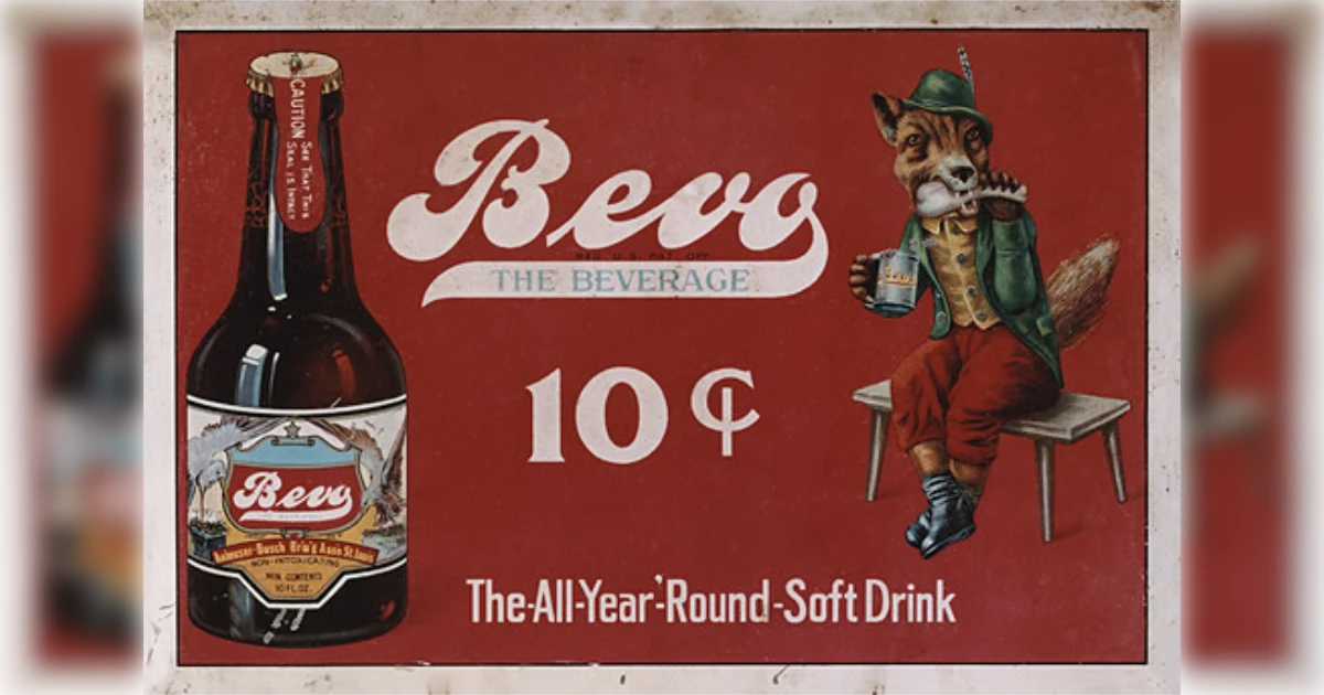 Anheuser-Busch Bevo near-beer bottle and fox mascot on vintage advertising sign