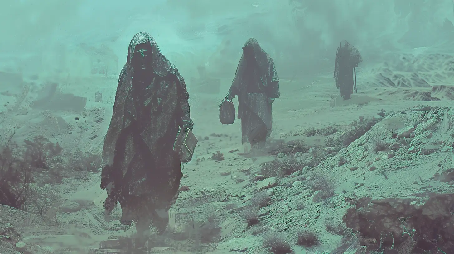 Plague-era illustration © History Oasis Hooded figures walking through a desolate teal plague landscape illustration