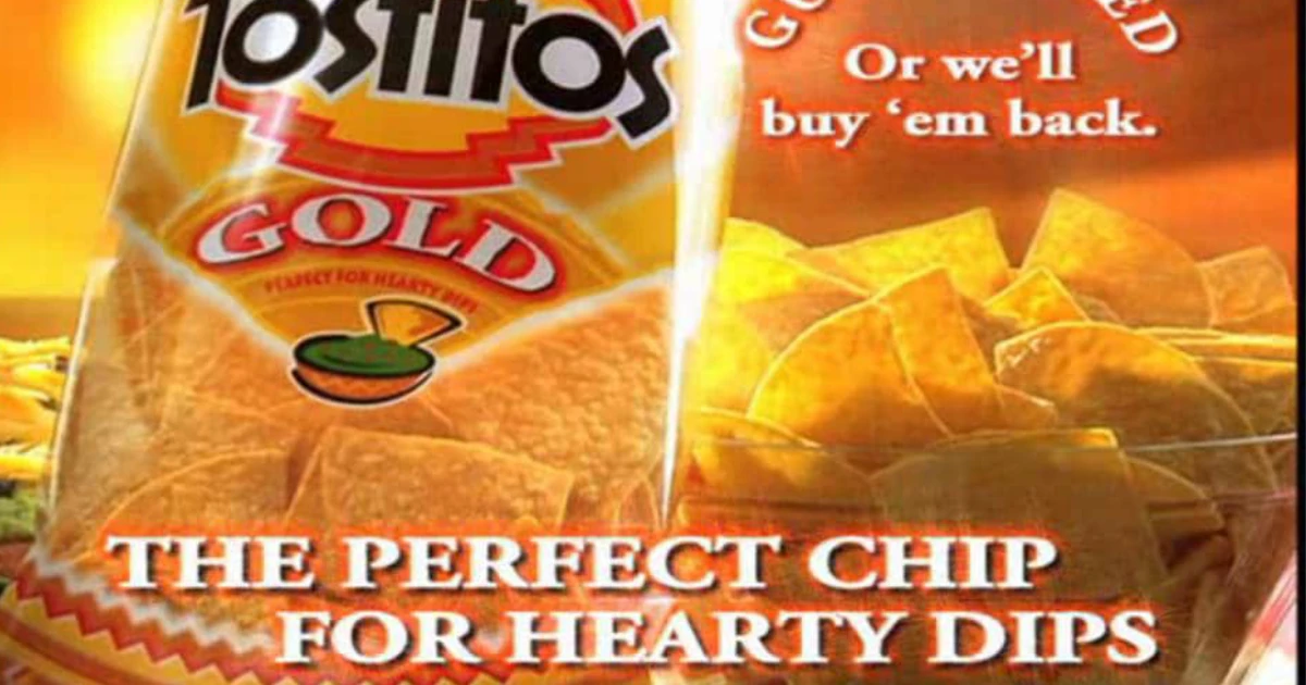 Frito-Lay Tostitos Gold tortilla chip bag in a television commercial still