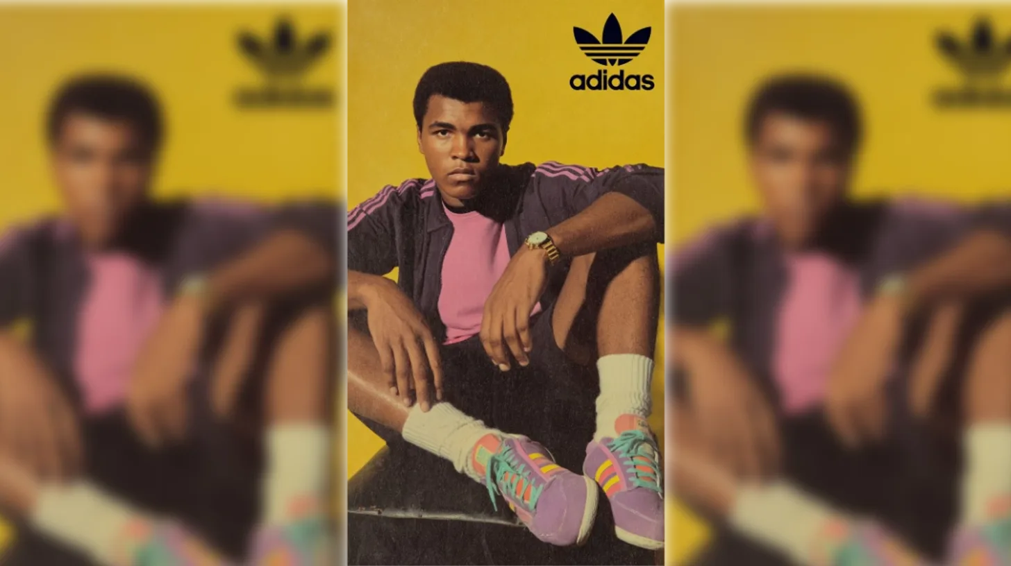 Muhammad Ali in a retro adidas Originals poster / Adidas Muhammad Ali seated in an adidas Originals tracksuit and sneakers on a retro poster
