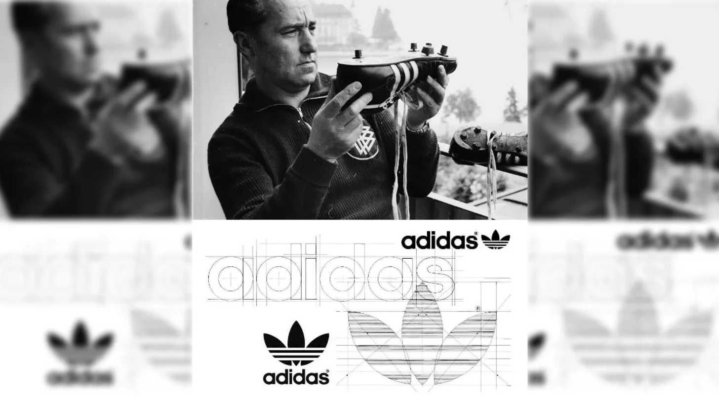 Adi Dassler inspects a screw-in stud boot, above the construction drawings of the trefoil logo / Adidas Adi Dassler inspecting a screw-stud football boot above construction drawings of the adidas trefoil logo