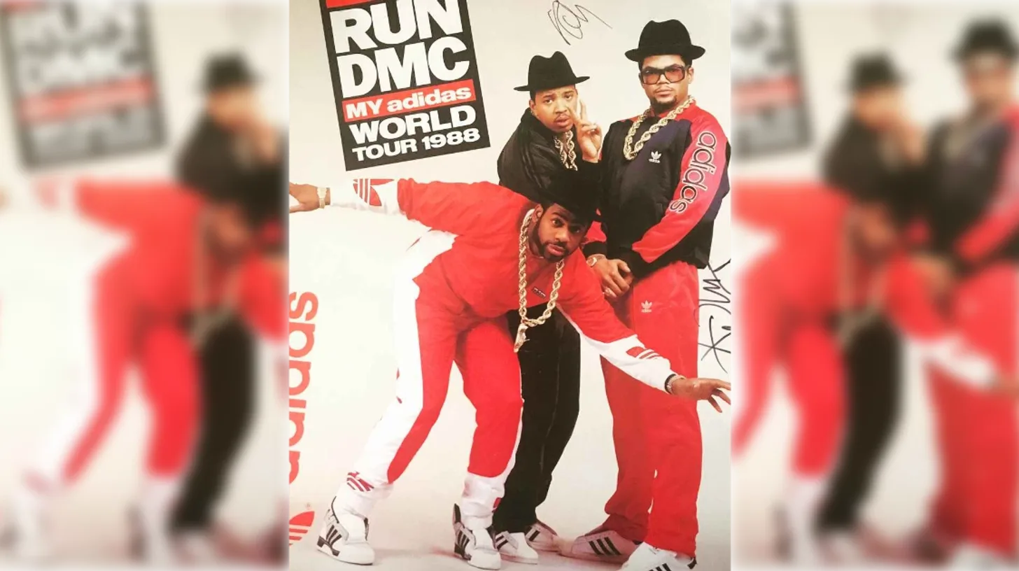 Run-DMC's My Adidas world tour poster, 1988 / Adidas Run-DMC in adidas tracksuits and Superstar sneakers on their My Adidas world tour poster