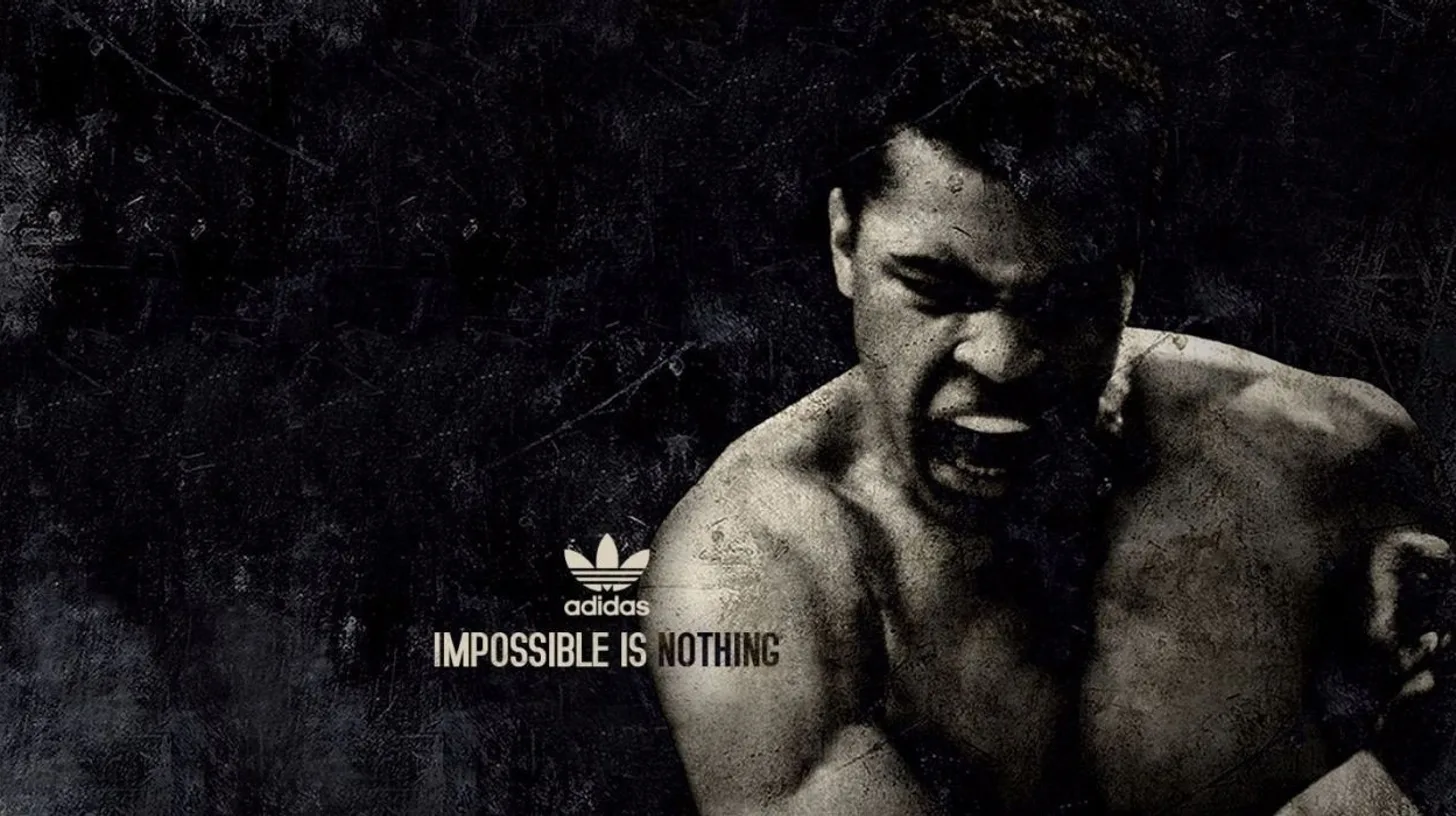 Muhammad Ali in the 2004 Impossible Is Nothing campaign artwork / Adidas Muhammad Ali in black-and-white adidas Impossible Is Nothing campaign artwork