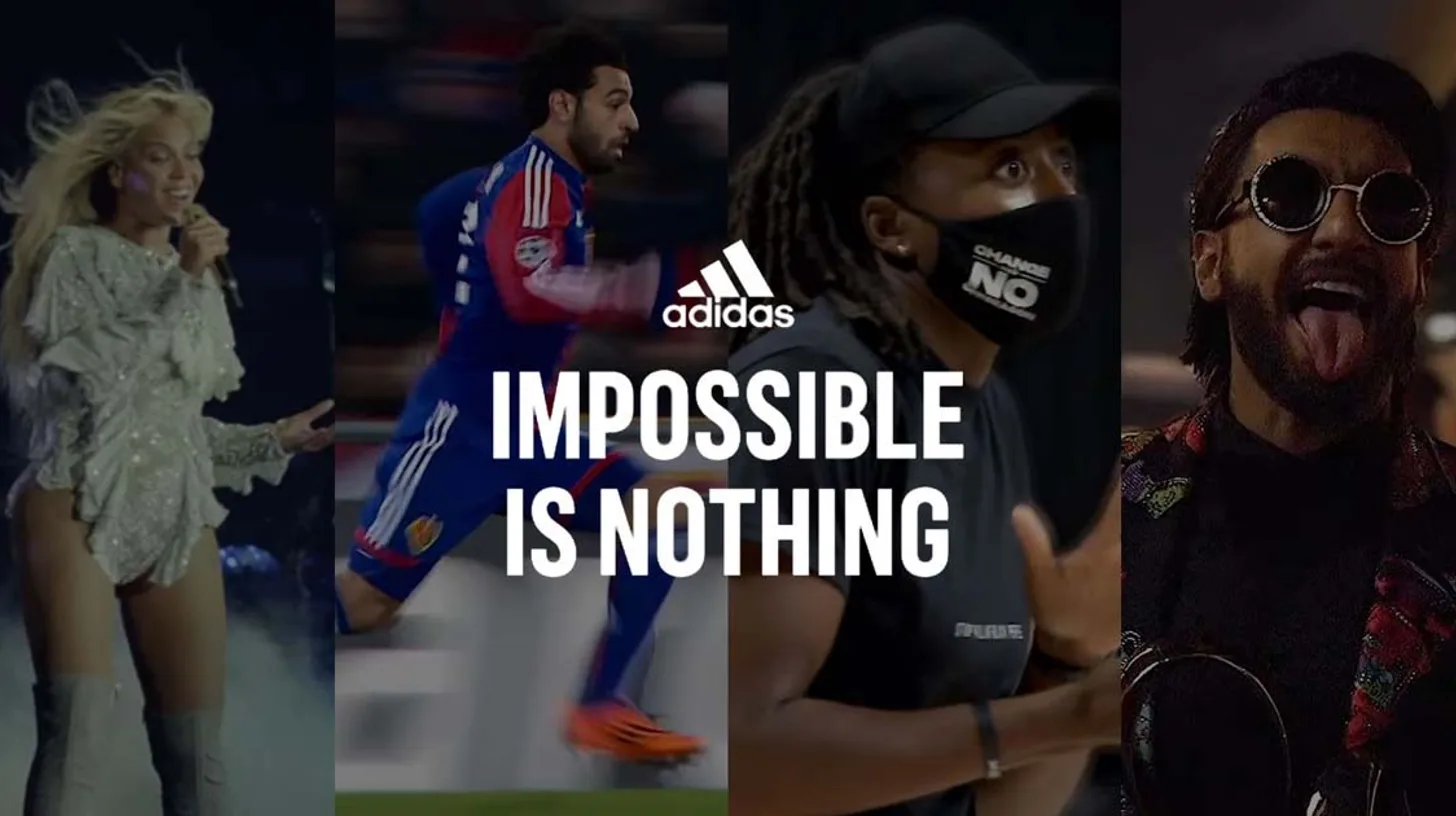 The faces of the 2021 Impossible Is Nothing relaunch, Beyoncé to Salah / Adidas Beyoncé, Mohamed Salah, a masked coach, and Ranveer Singh in adidas's 2021 Impossible Is Nothing relaunch