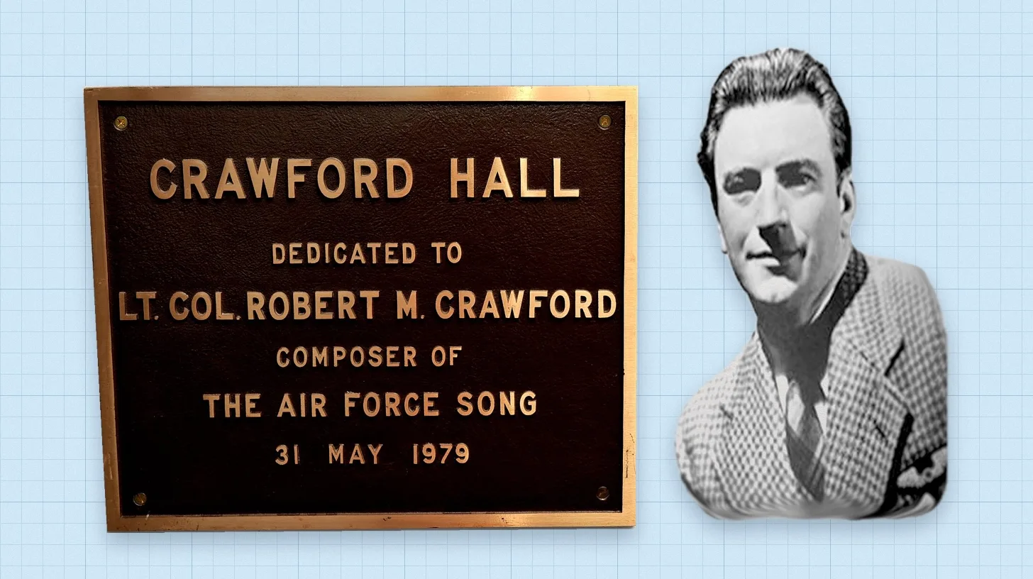The Langley plaque honoring Robert MacArthur Crawford, composer of the Air Force song / U.S. Air Force Crawford Hall dedication plaque beside a portrait of Air Force song composer Robert MacArthur Crawford