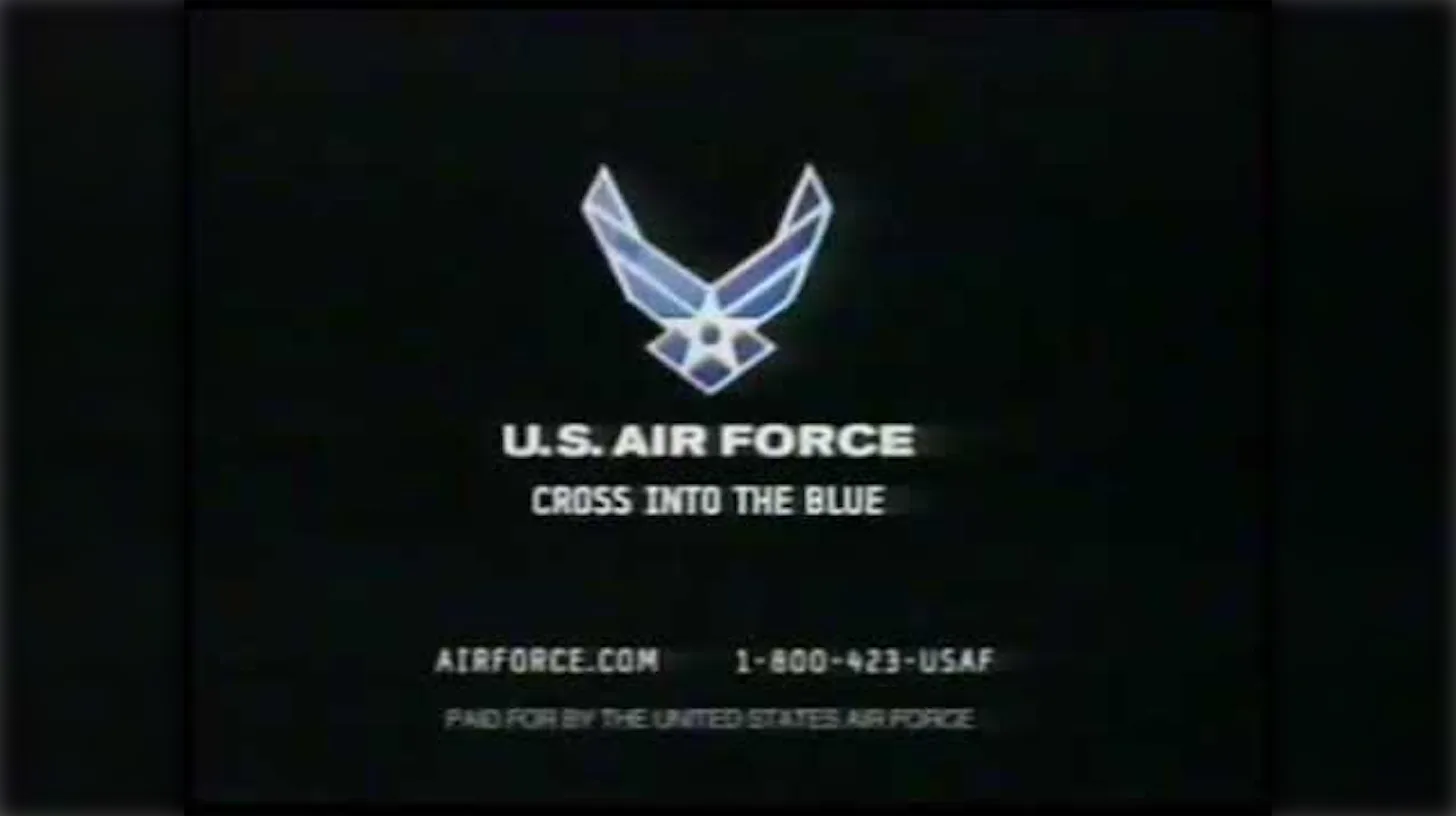 The end card of a 2004 Cross Into the Blue TV commercial / U.S. Air Force Cross Into the Blue end card from a U.S. Air Force TV commercial with the wing symbol and 1-800-423-USAF