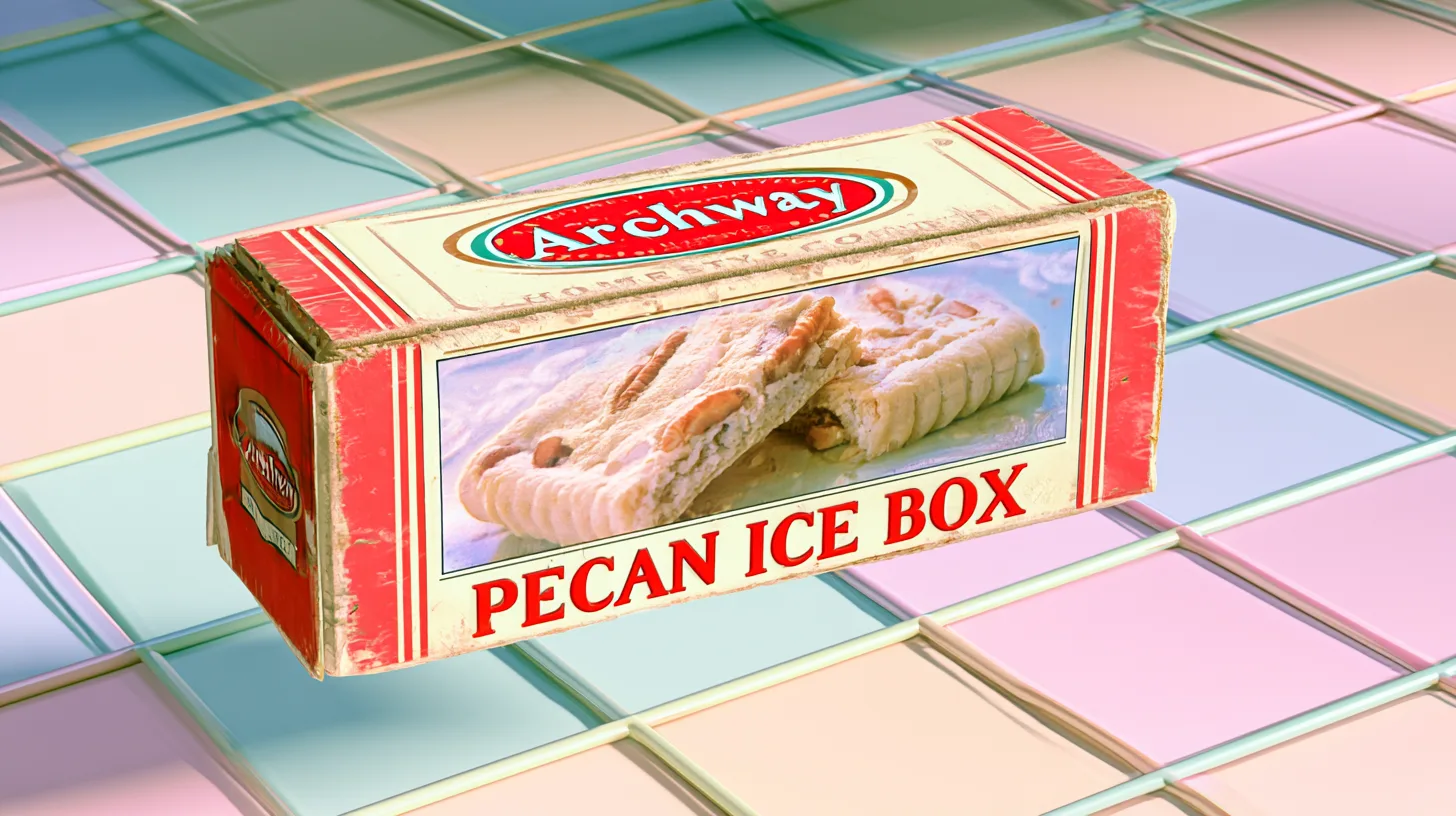 An Archway Pecan Ice Box cookies box with pecan-studded icebox bar cookies pictured on the front
