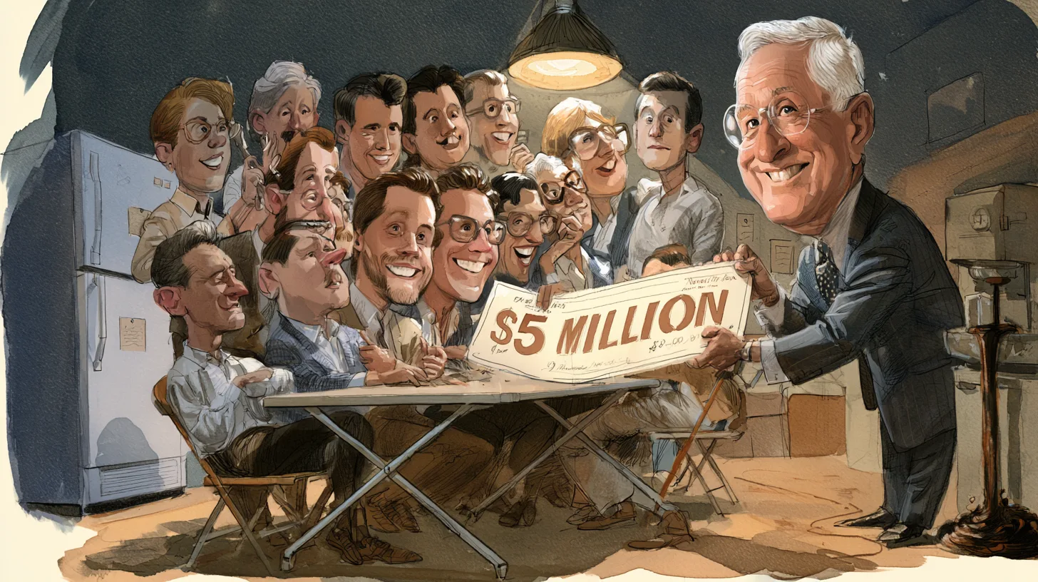 Blackstone's $5 million credit line bought half of the new firm in 1988 © History Oasis Blackstone executive handing a giant $5 million check to founders crowded around a folding table