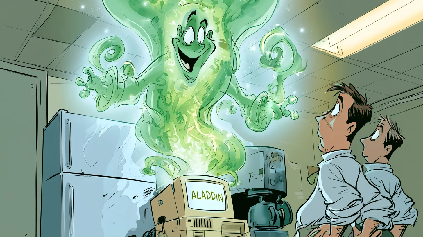 Aladdin, the risk system built on one workstation in a one-room office © History Oasis Green genie of numbers rising from an old workstation labeled Aladdin beside a refrigerator and coffee machine