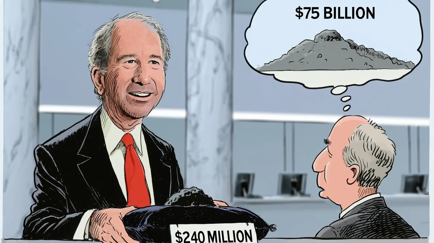 Steve Schwarzman later called the 1994 sale a heroic mistake © History Oasis Steve Schwarzman selling a bag marked $240 million while a thought bubble shows a mountain marked $75 billion