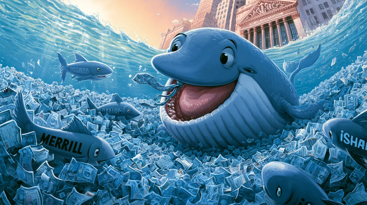 The Merrill Lynch and Barclays Global Investors deals that made BlackRock the largest asset manager © History Oasis Cartoon whale swimming through a sea of dollar bills toward fish labeled Merrill and iShares