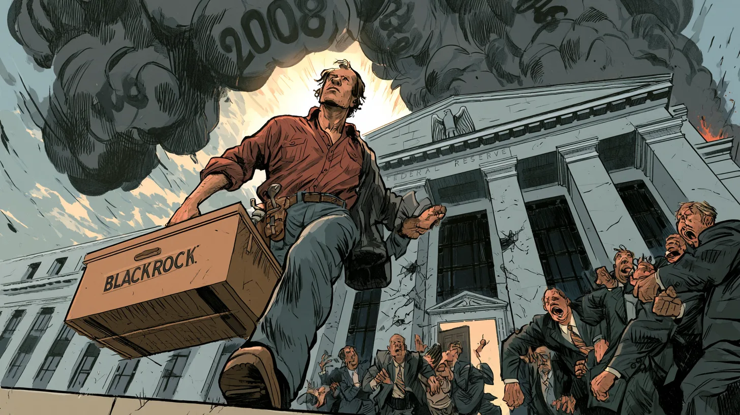 The Fed hired BlackRock to manage the Maiden Lane portfolios after the 2008 crash © History Oasis Repairman carrying a toolbox marked BlackRock toward the Federal Reserve under smoke reading 2008
