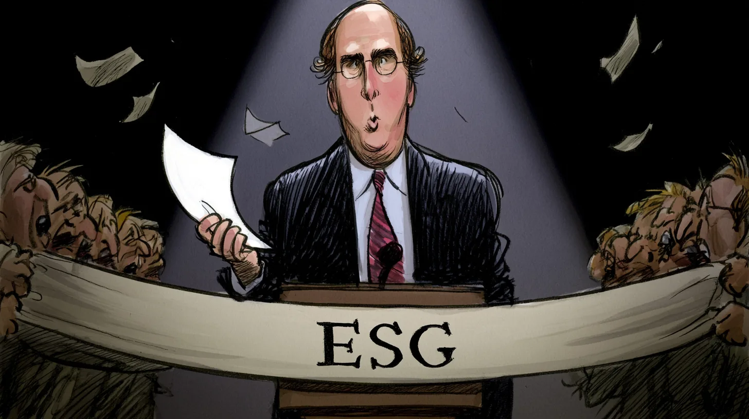 Larry Fink's annual letters made ESG a target from both political directions © History Oasis Larry Fink at a podium holding a letter as crowds pull a banner reading ESG in both directions