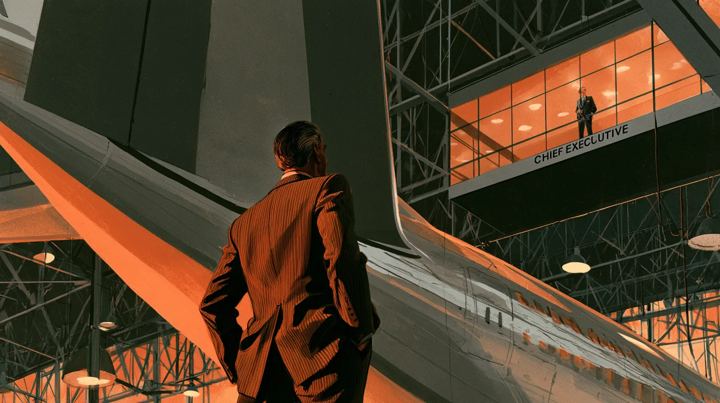 Malcolm Stamper ran Boeing for thirteen years while the chief executive's office belonged to someone else © History Oasis Malcolm Stamper seen from behind in a pinstripe suit, dwarfed by a jetliner tail inside a Boeing hangar, with a glass office marked CHIEF EXECUTIVE on the balcony above him