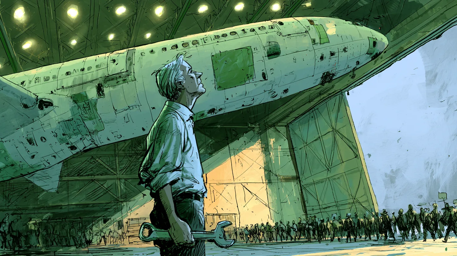 33,000 machinists walked out five weeks into Kelly Ortberg's tenure and stayed out for 53 days © History Oasis A Boeing chief executive in shirtsleeves holding a wrench, looking up at a patched airliner as a picket line files past the open hangar door