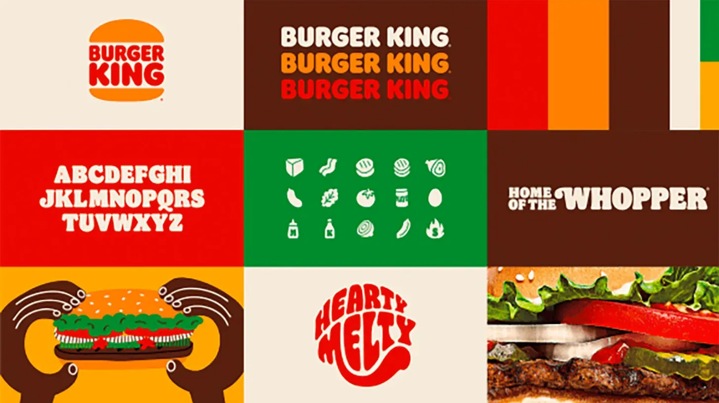 The official Burger King 2021 identity system showing the bun halves logo, the Flame typeface alphabet, ingredient icons and the red orange and brown color palette