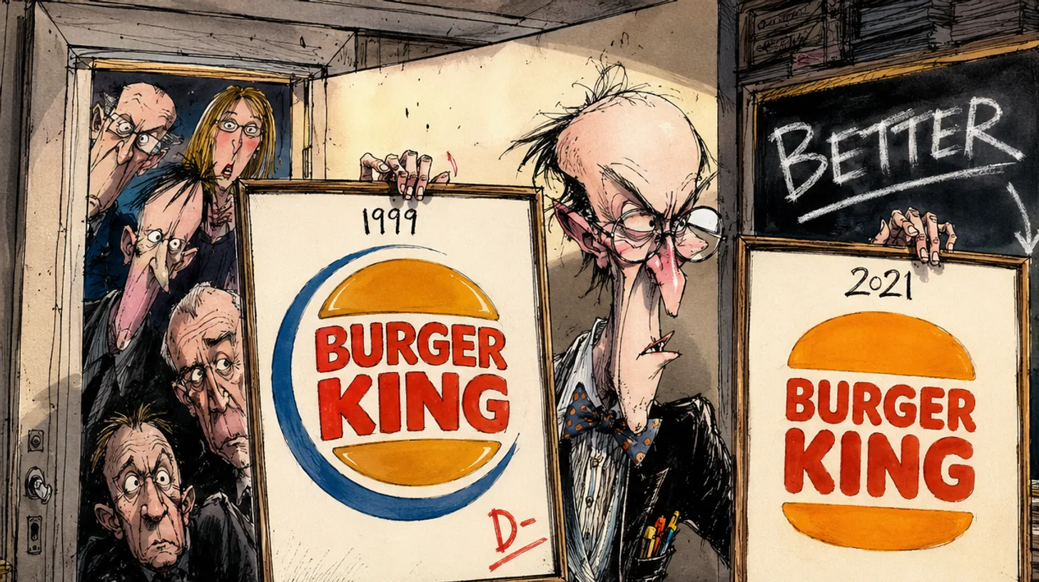 Cartoon of a designer holding the 1999 Burger King blue crescent logo marked with a failing grade beside the 2021 bun halves logo under a chalkboard reading BETTER