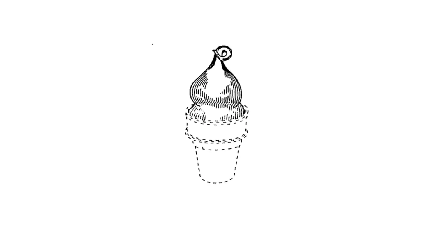 The 1996 trade-dress drawing of the curl — the cone in dashed lines is not part of the claimed mark / U.S. Patent and Trademark Office Dairy Queen cone with the curl on top trademark drawing