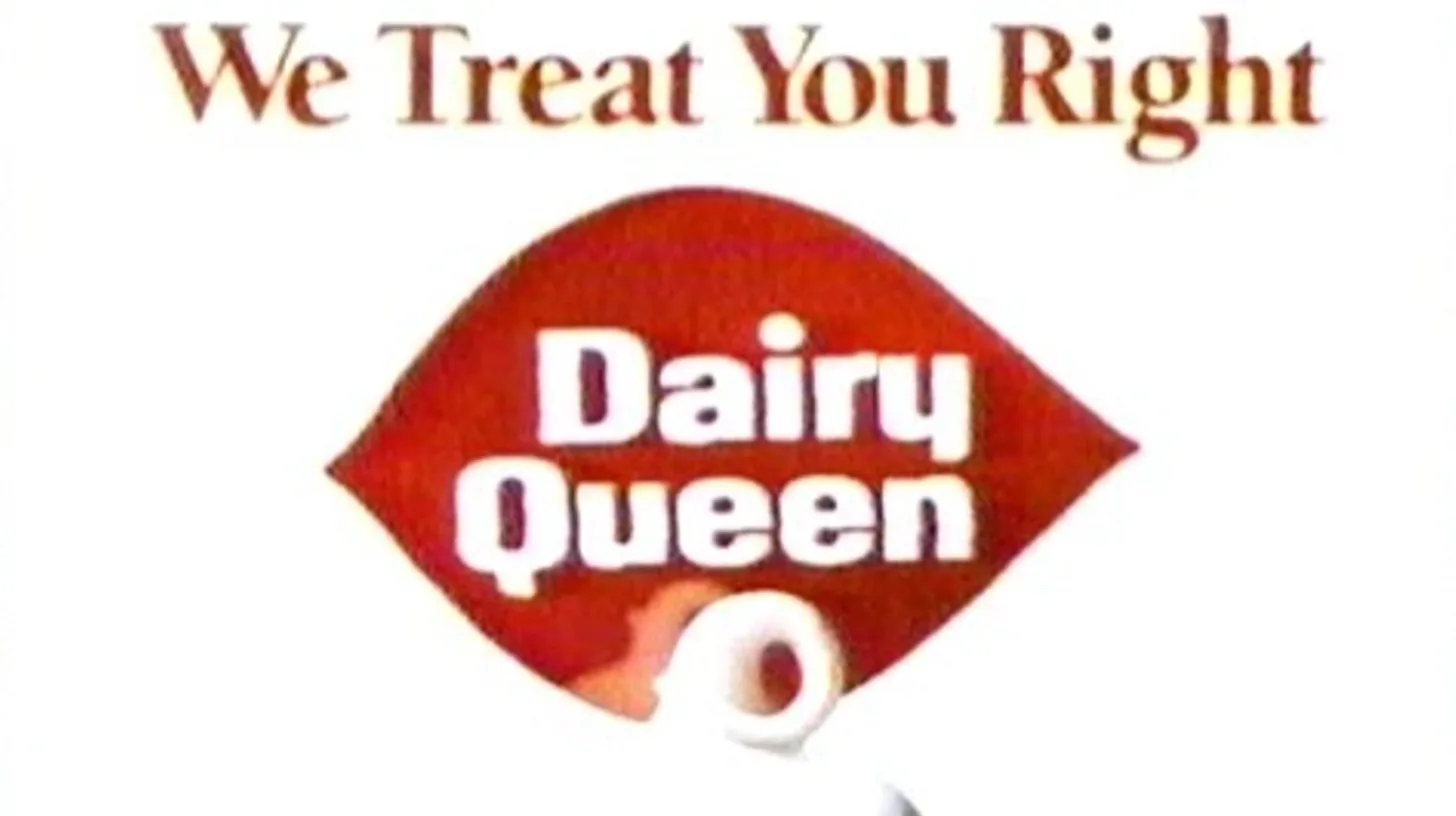The slogan over the red ellipse logo in a 1980s TV spot / Dairy Queen We Treat You Right slogan above the red Dairy Queen ellipse logo in a 1980s TV commercial