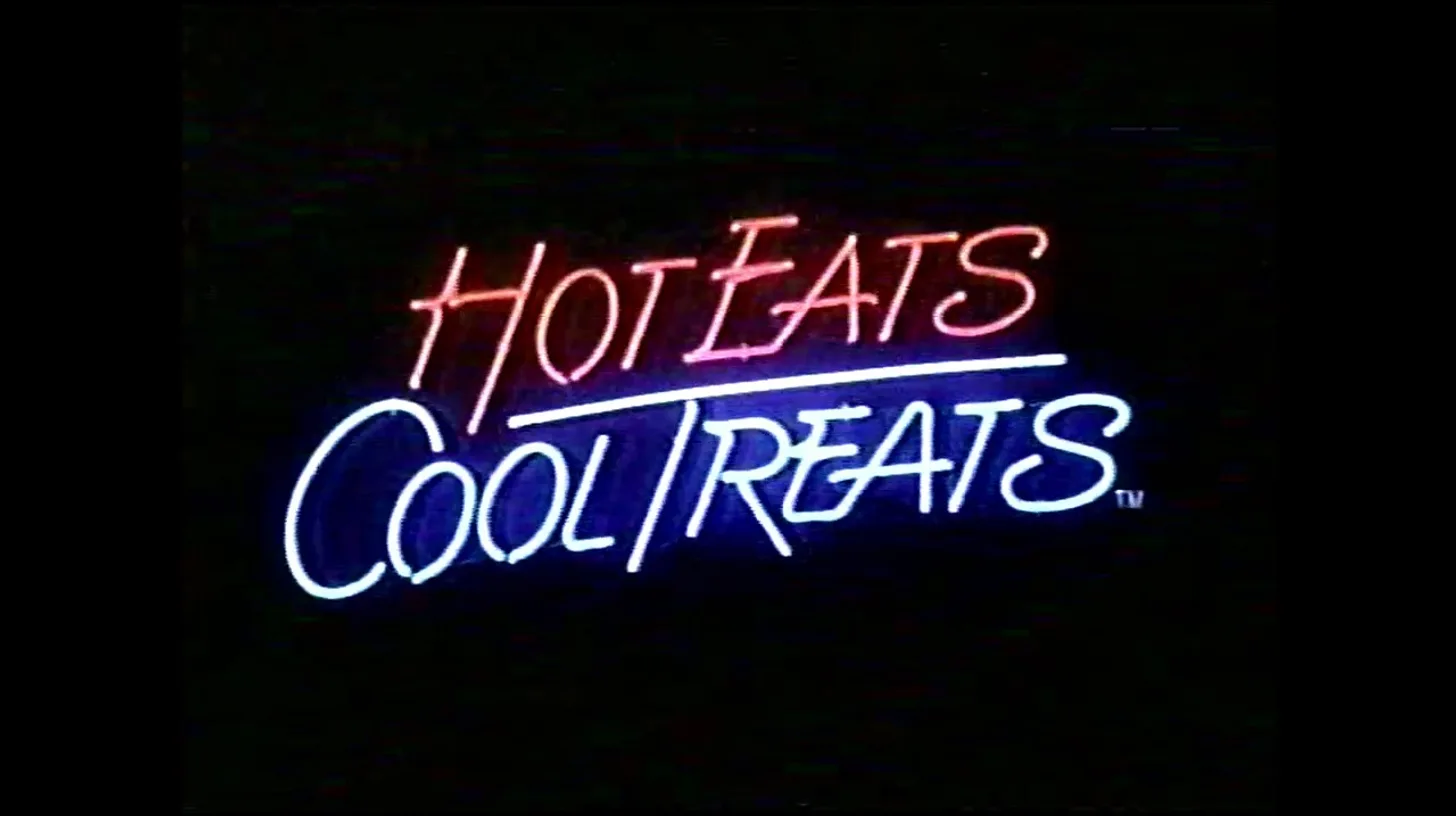 The neon-styled logotype from a 1990s commercial, hot lettering above cool / Dairy Queen Hot Eats Cool Treats Dairy Queen slogan in pink and blue neon lettering on black