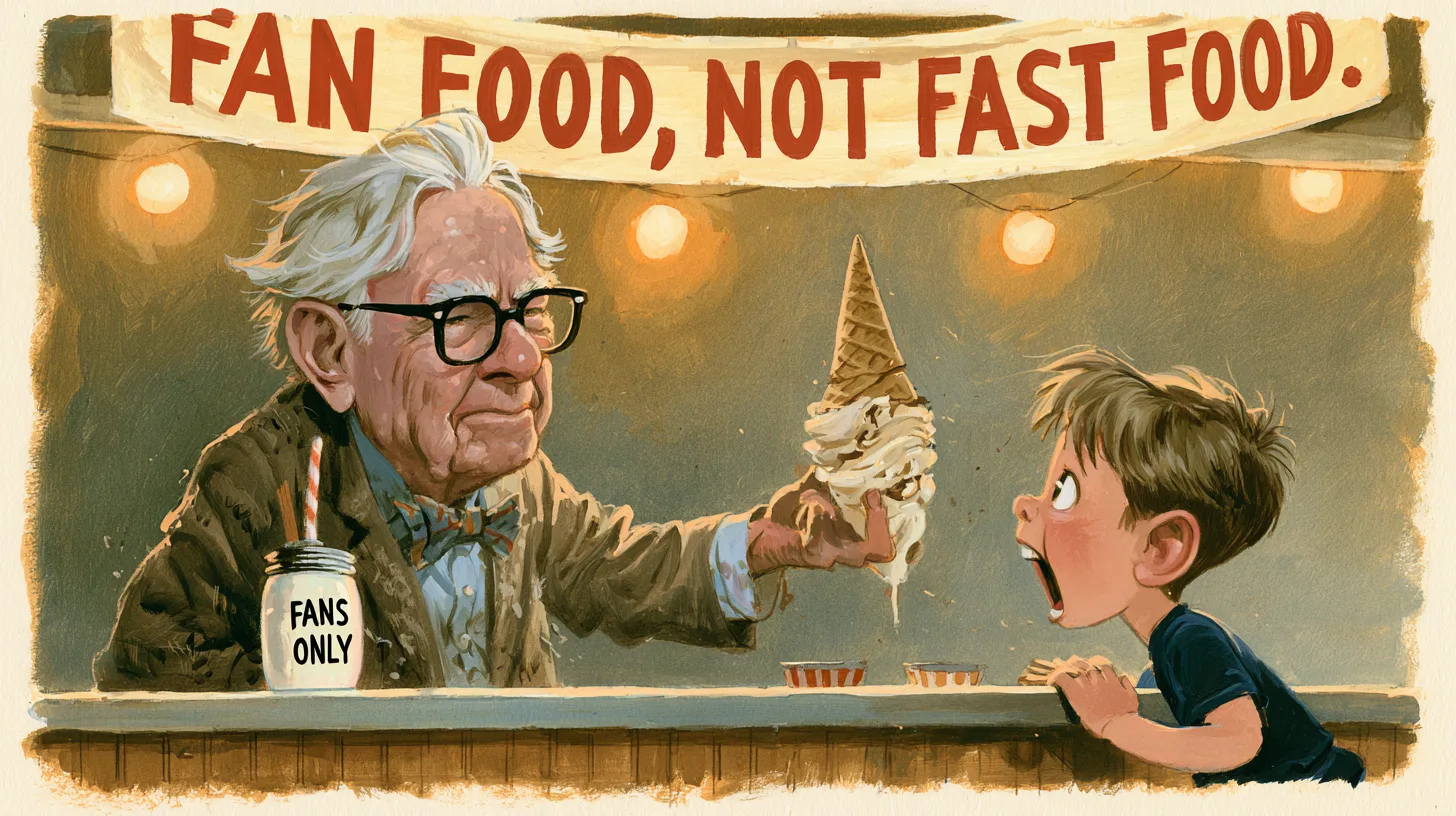 Berkshire's chairman works the counter under the new slogan © History Oasis Cartoon investor handing a soft-serve cone across a counter under a Fan Food Not Fast Food banner