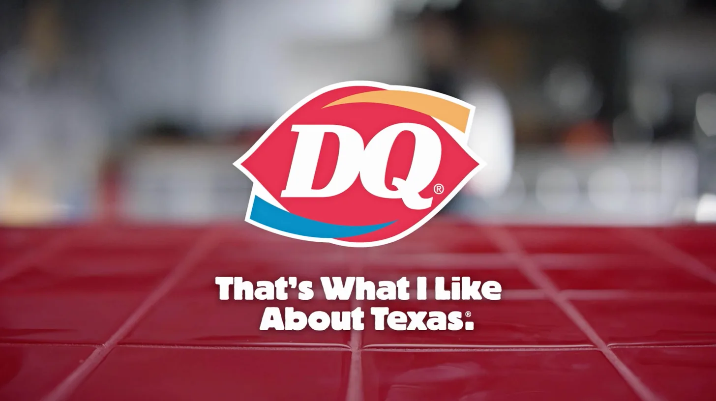 The Texas end card, a slogan used in no other state / Texas Dairy Queen Operators' Council DQ logo above the That's What I Like About Texas slogan on a red tiled counter