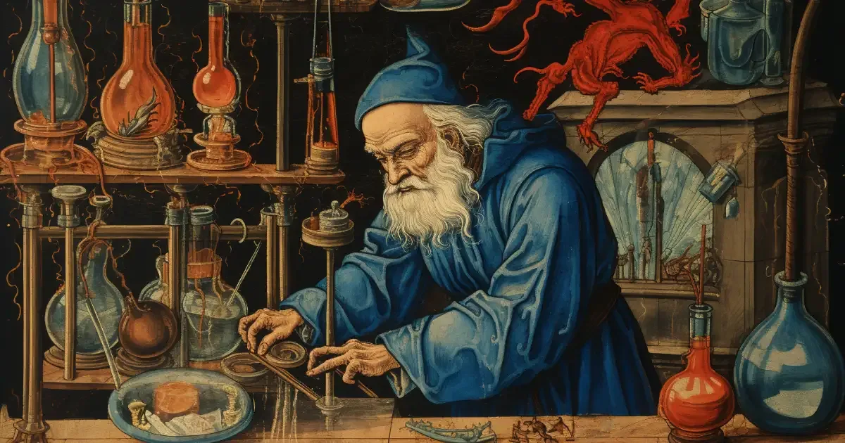 A medieval alchemist in a blue robe working over flasks and alembics in a dark workshop as a red demon looks on