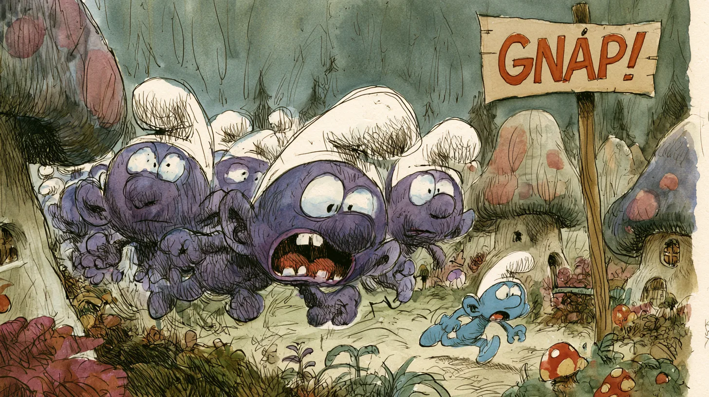 A mob of wild-eyed purple smurfs chasing a terrified blue smurf past mushroom houses beneath a wooden GNAP! sign