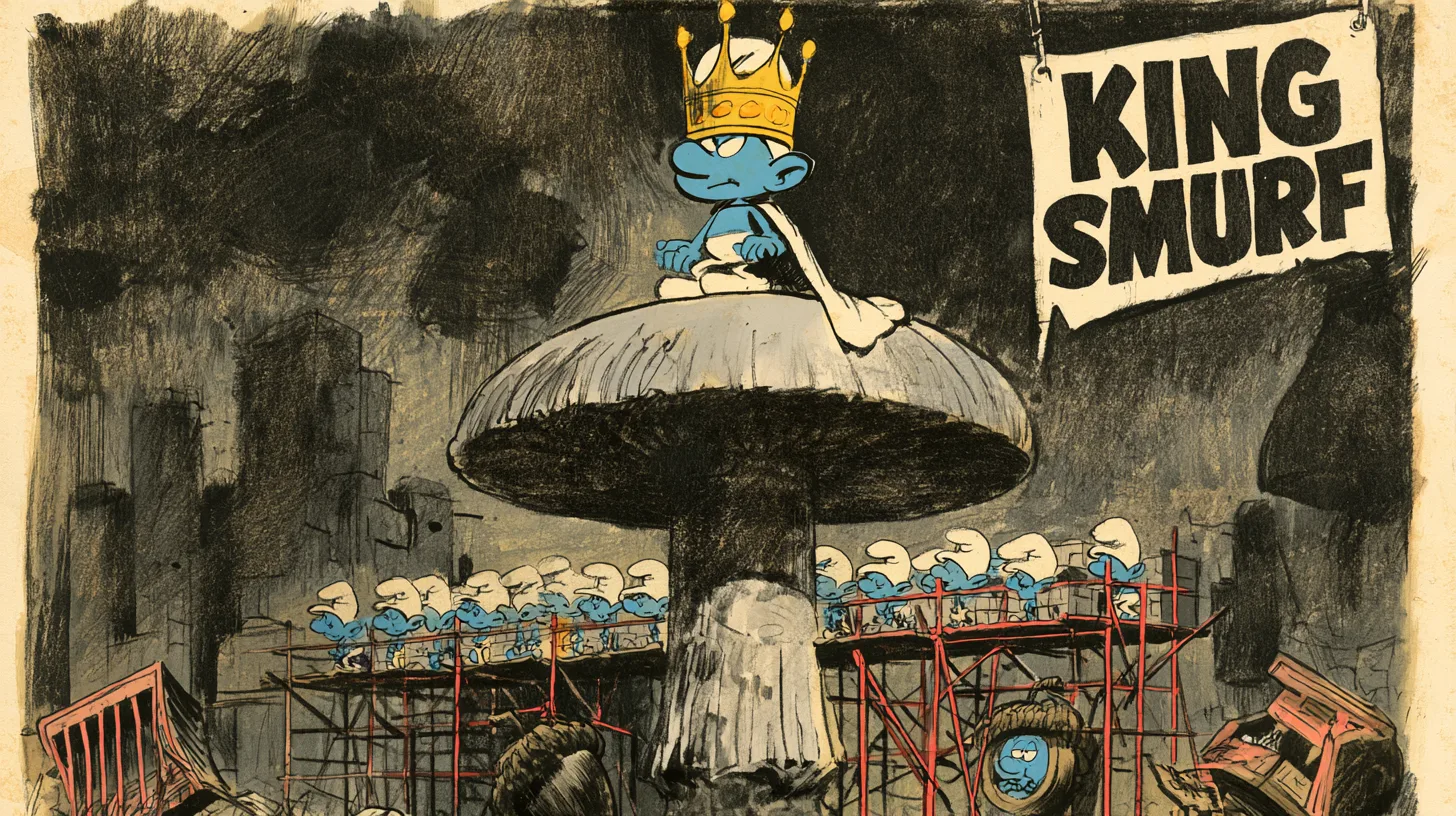 King Smurf in a gold crown and white cape scowling atop a giant mushroom throne while lines of Smurfs labor on scaffolding below a KING SMURF banner