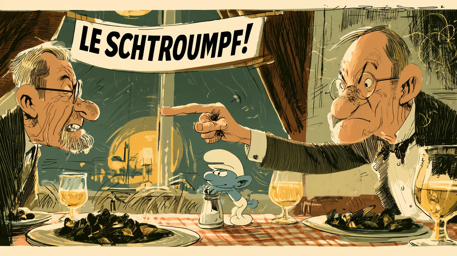 Cartoon of Peyo and André Franquin at a Belgian dinner table, one pointing at a salt shaker beside a tiny Smurf, under a banner reading Le Schtroumpf