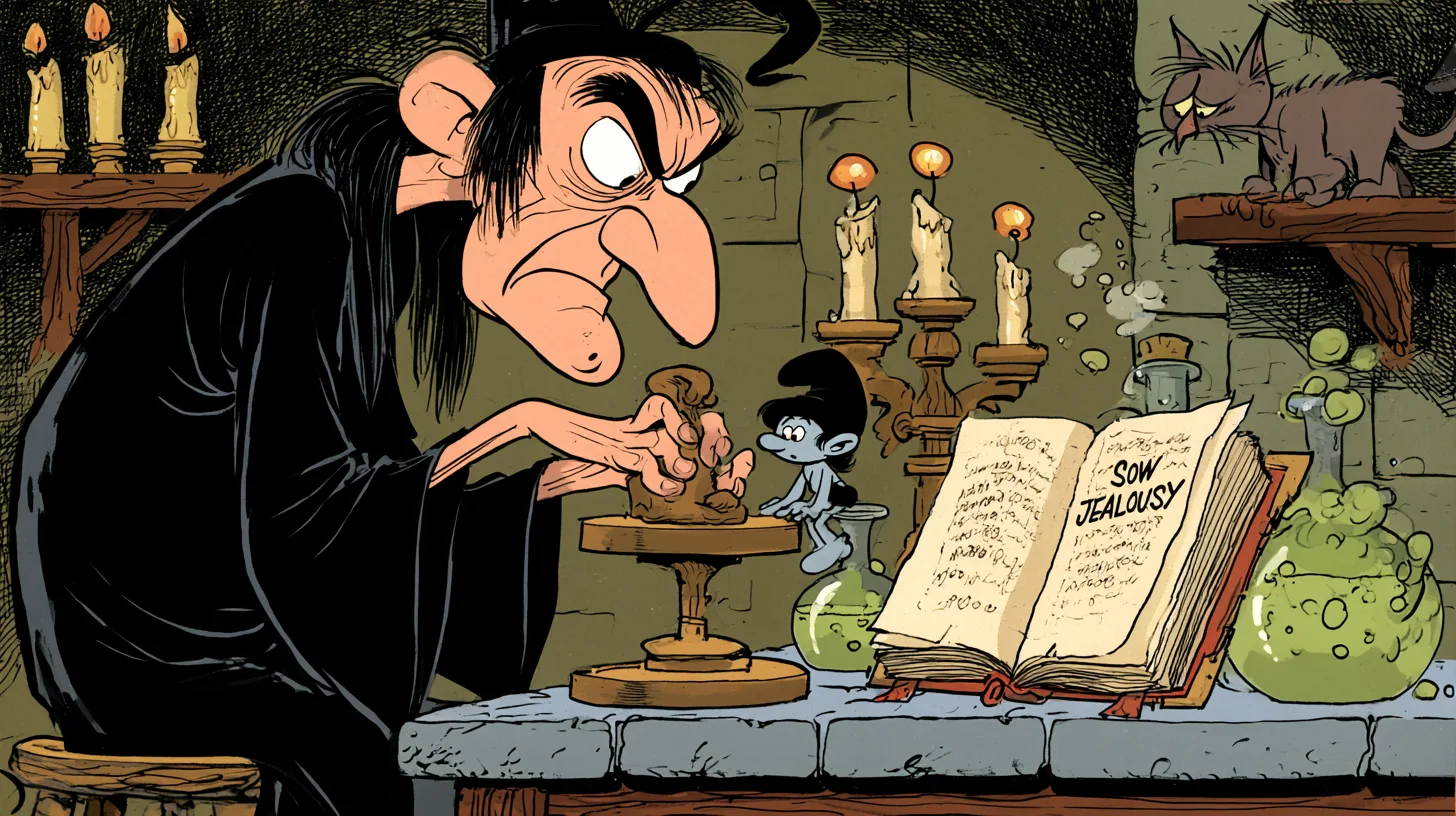 Gargamel sculpting a clay figure at a candlelit workbench as a dark-haired Smurfette sits beside a spellbook page reading Sow Jealousy, his cat watching from a shelf