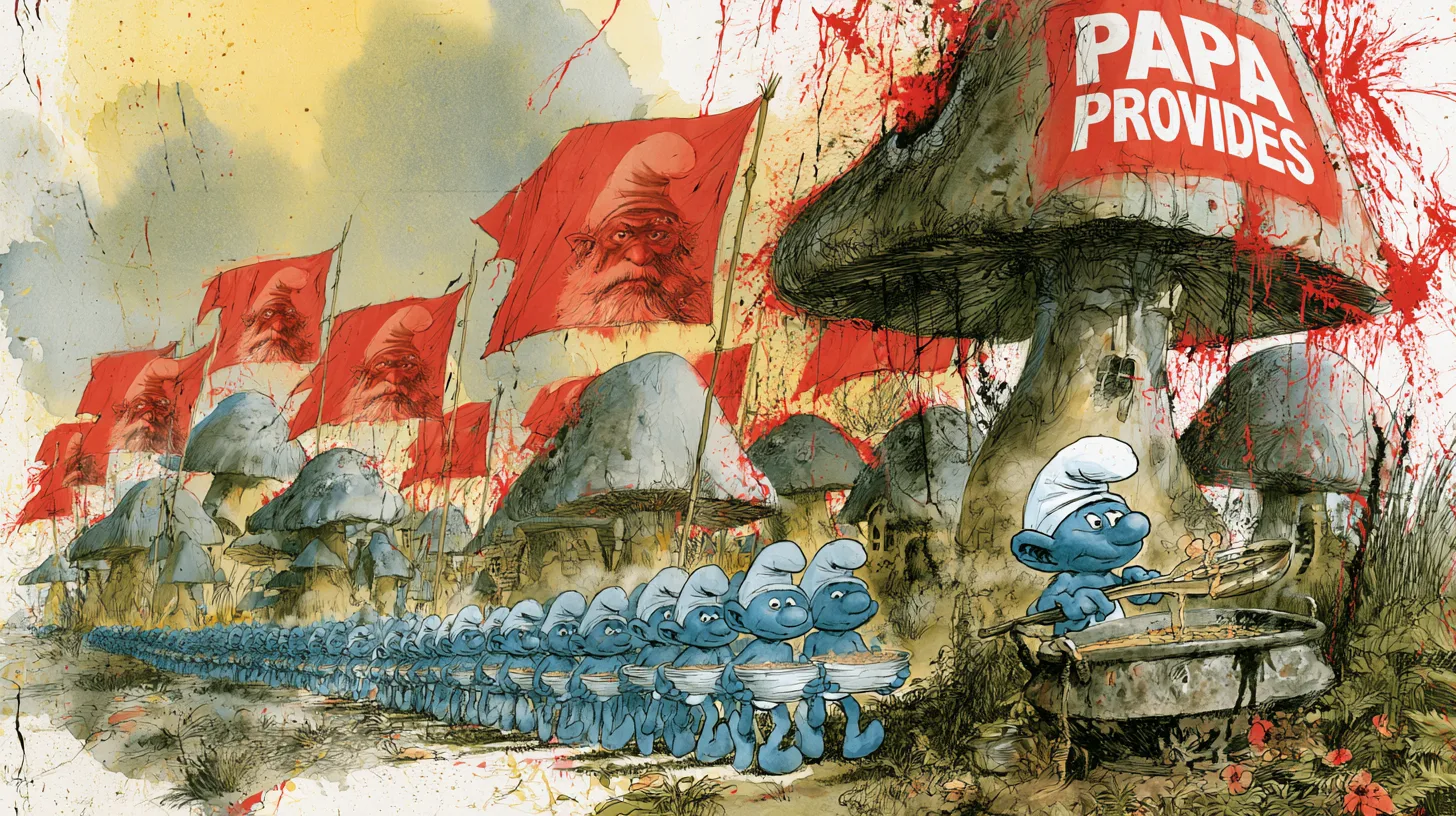 Rows of identical Smurfs queuing with bowls at a communal soup pot beneath red banners bearing a bearded Smurf's face and a mushroom cap reading Papa Provides