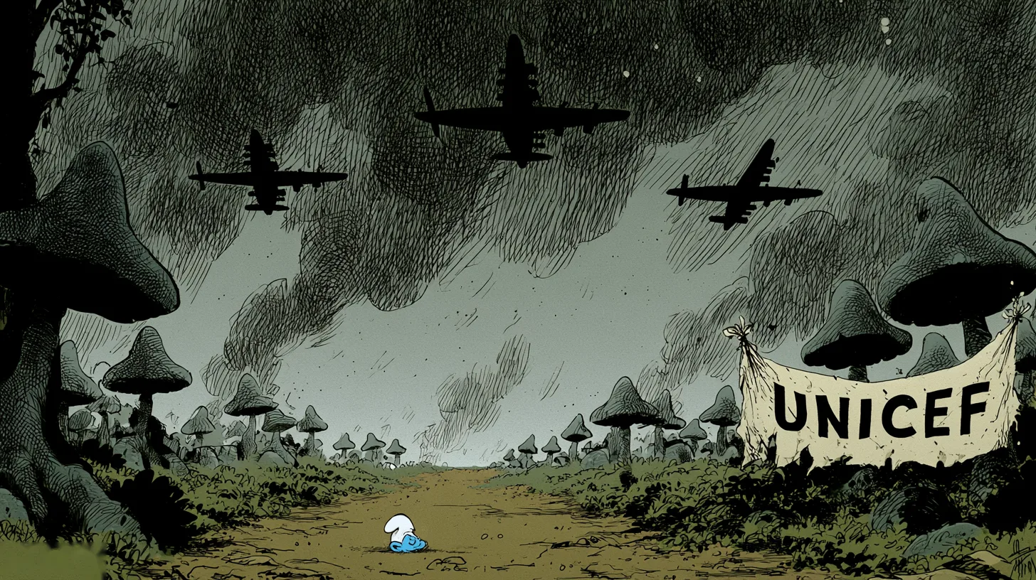 Dark warplanes crossing a stormy sky over a smoking mushroom forest, a single fallen Smurf cap on the path beside a UNICEF banner