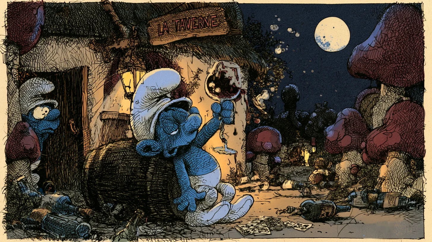 A bleary Smurf slumped against a barrel raising a goblet of wine outside La Taverne at night, empty bottles and cards scattered around him