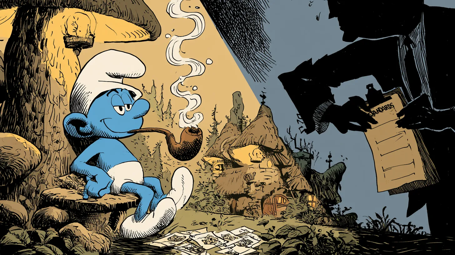 A smug Smurf smoking a pipe on a mushroom stoop with playing cards at his feet while a censor's dark silhouette looms with a clipboard