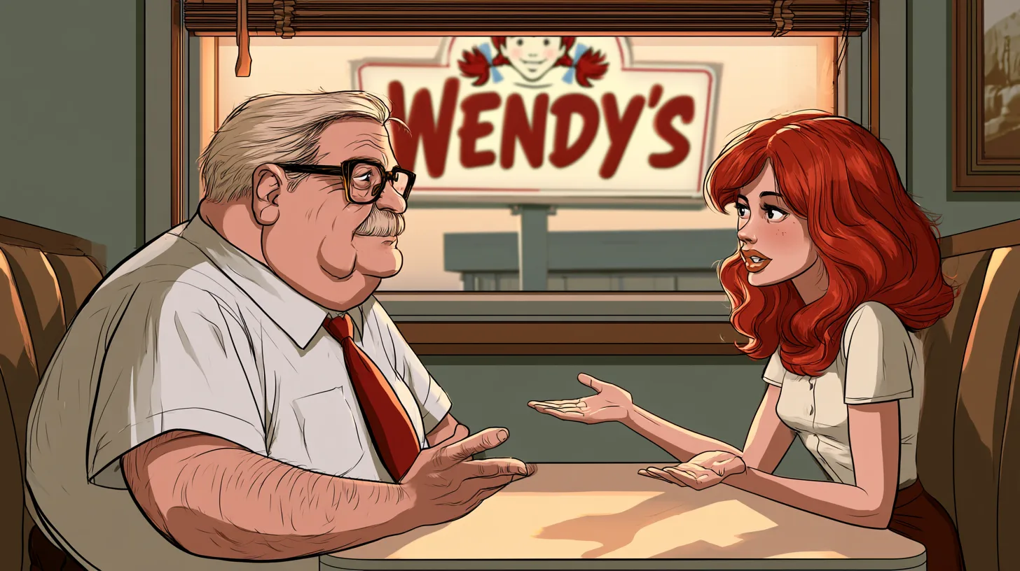 Dave Thomas and the daughter he named the chain after © History Oasis Cartoon of Dave Thomas in a white shirt and red tie apologizing across a booth to his grown daughter Wendy, the Wendy's sign framed in the window between them