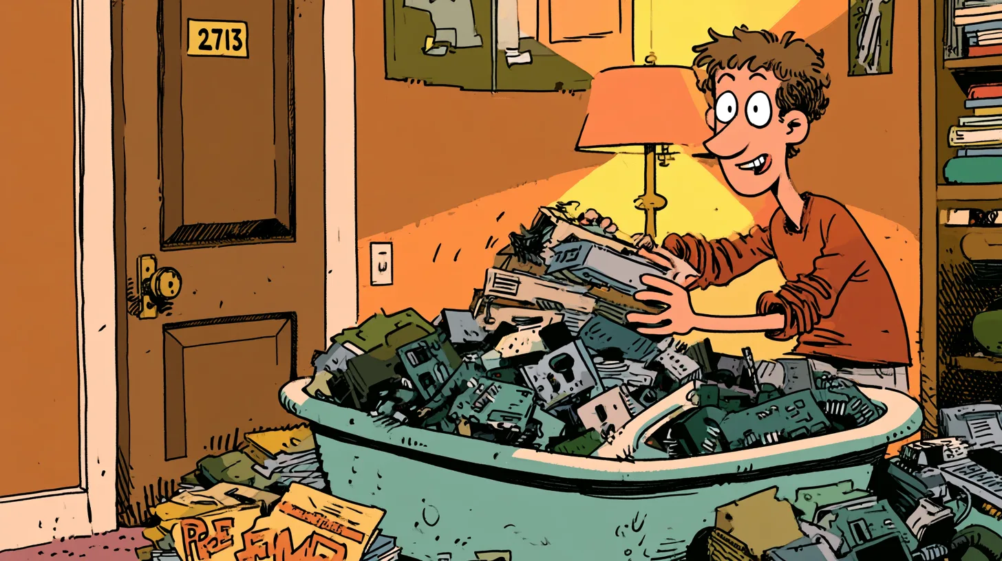 Teenage Michael Dell hiding computer parts in a dorm bathtub beside a door numbered 2713