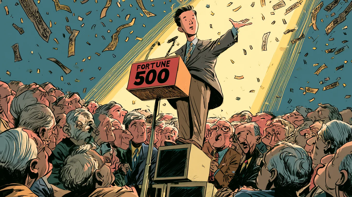Young Michael Dell at a Fortune 500 podium standing on computer boxes above older executives