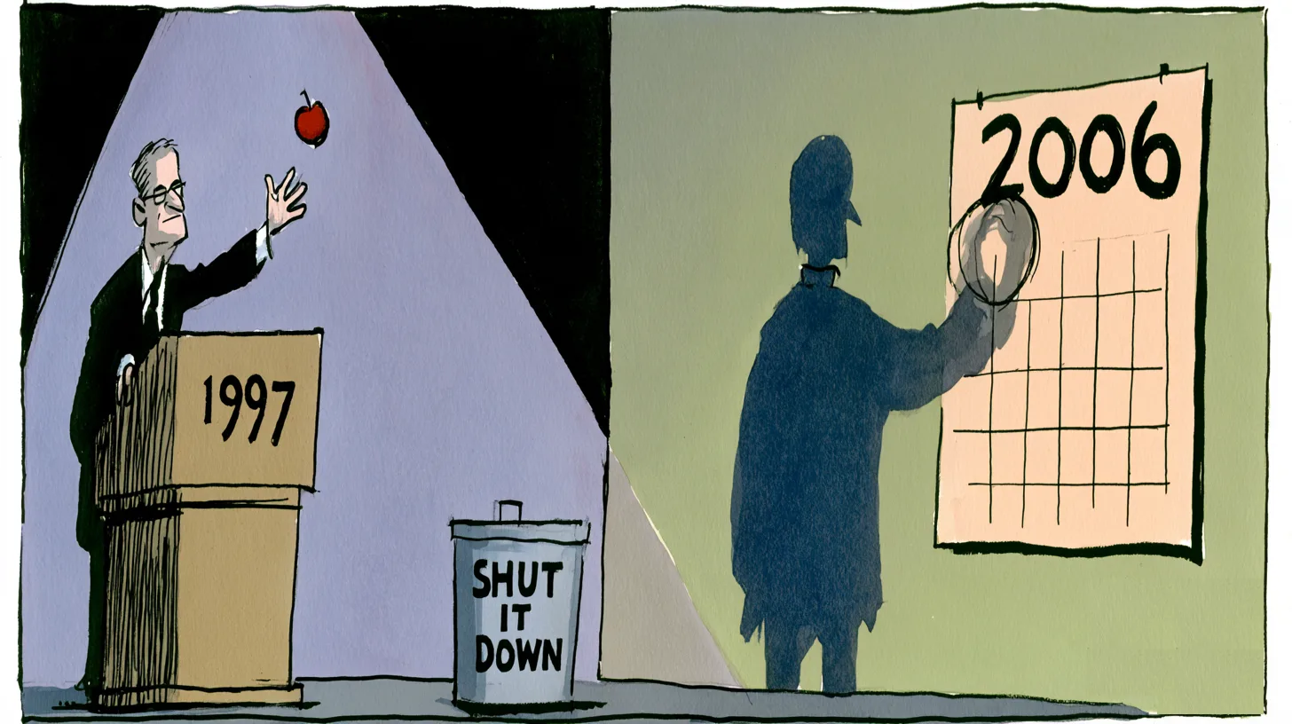 Executive tossing an apple toward a bin marked Shut It Down beside a shadow at a 2006 calendar