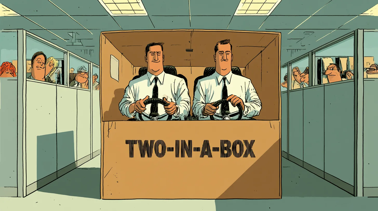 Two Dell executives inside one cardboard box labelled Two-in-a-Box, each holding a steering wheel